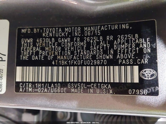 45537881 :رقم المزاد ، 4T1BK1FK0FU029870 vin ، 2015 Toyota Camry Xle V6 مزاد بيع