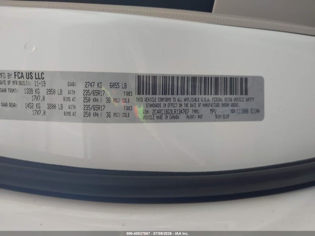 45537887 :رقم المزاد ، 2C4RC1BG3LR134767 vin ، 2020 Chrysler Pacifica Touring L مزاد بيع