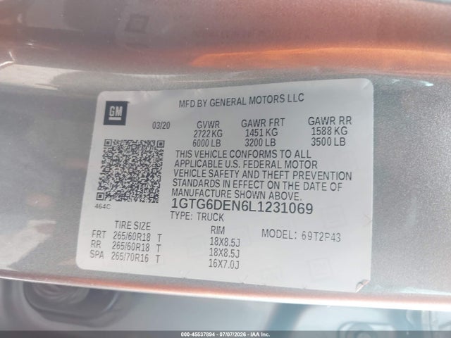 Aukcja sprzedaży 2020 Gmc Canyon 4wd  Short Box Slt, vin: 1GTG6DEN6L1231069, numer aukcji: 45537894