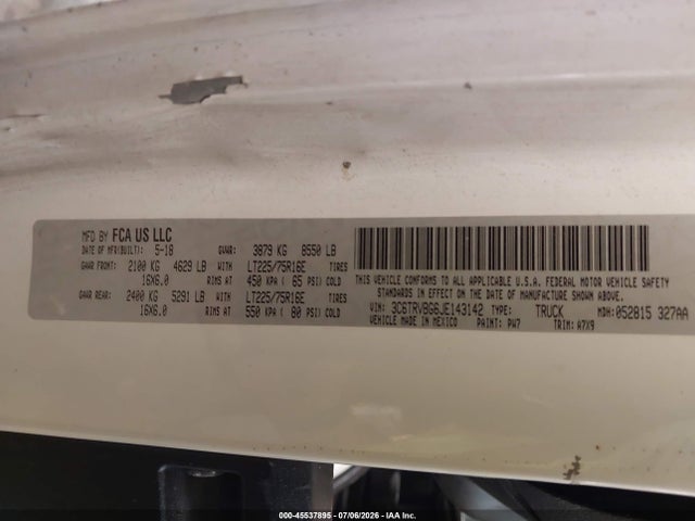 Продаж на аукціоні авто 2018 Ram Promaster 1500 High Roof 136 Wb, vin: 3C6TRVBG6JE143142, номер лоту: 45537895