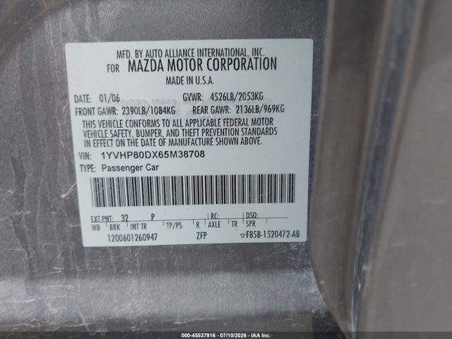 2006 Mazda Mazda6 Sport S მანქანა იყიდება აუქციონზე, vin: 1YVHP80DX65M38708, აუქციონის ნომერი: 45537916