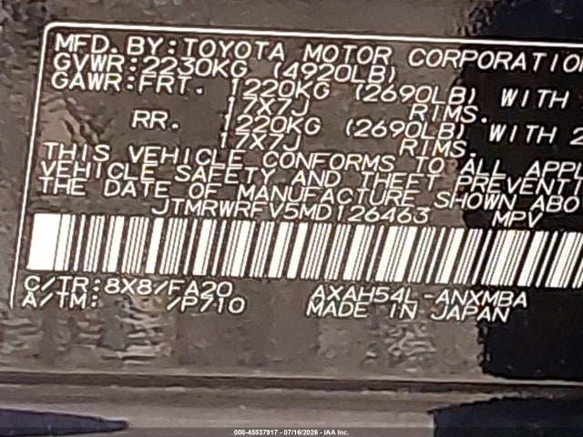 Auction sale of the 2021 Toyota Rav4 Hybrid Xle, vin: JTMRWRFV5MD126463, lot number: 45537917