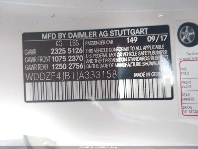 Aukcja sprzedaży 2018 Mercedes-benz E 300, vin: WDDZF4JB1JA333158, numer aukcji: 45537931