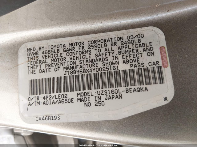 Продаж на аукціоні авто 2000 Lexus Gs 400, vin: JT8BH68X4Y0025161, номер лоту: 45537949