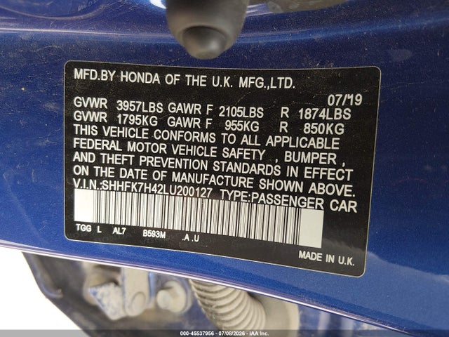 SHHFK7H42LU200127 Honda Civic Sport