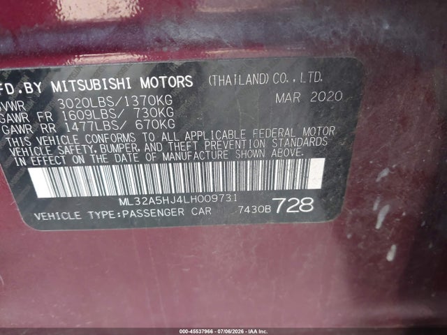 45537966 :رقم المزاد ، ML32A5HJ4LH009731 vin ، 2020 Mitsubishi Mirage Gt/le مزاد بيع