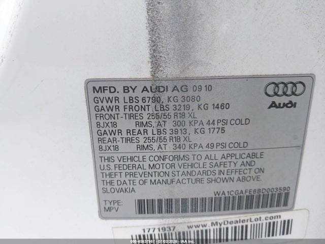 2011 Audi Q7 3.0t Premium მანქანა იყიდება აუქციონზე, vin: WA1CGAFE6BD003590, აუქციონის ნომერი: 45537967