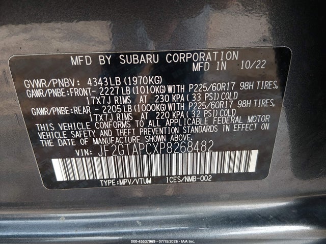45537969 :رقم المزاد ، JF2GTAPCXP8268482 vin ، 2023 Subaru Crosstrek Premium مزاد بيع