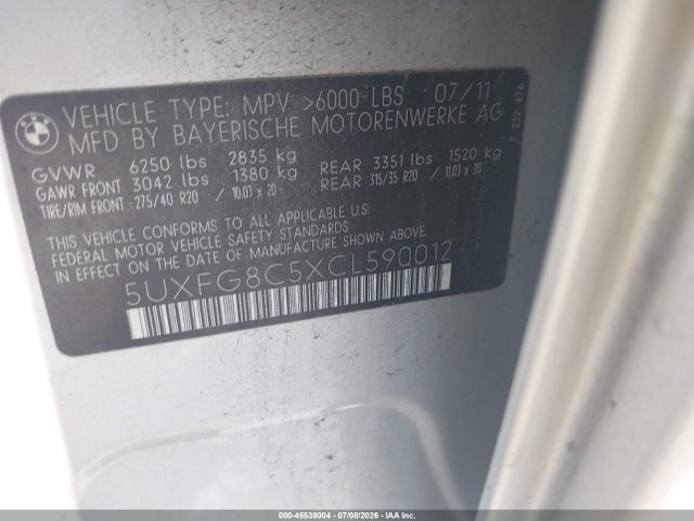Продаж на аукціоні авто 2012 Bmw X6 Xdrive50i, vin: 5UXFG8C5XCL590012, номер лоту: 45538004