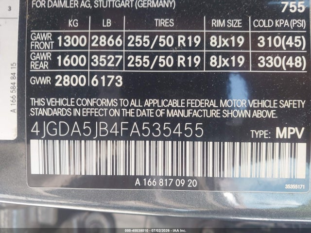 Auction sale of the 2015 Mercedes-benz Ml 350, vin: 4JGDA5JB4FA535455, lot number: 45538010