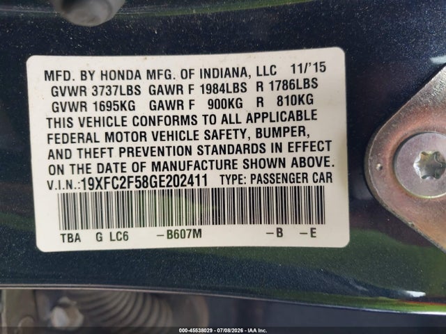 45538029 :رقم المزاد ، 19XFC2F58GE202411 vin ، 2016 Honda Civic Lx مزاد بيع