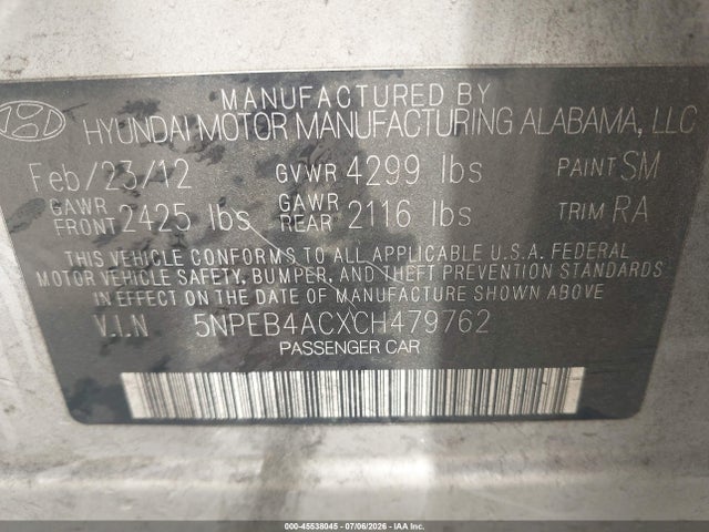 2012 Hyundai Sonata Gls მანქანა იყიდება აუქციონზე, vin: 5NPEB4ACXCH479762, აუქციონის ნომერი: 45538045