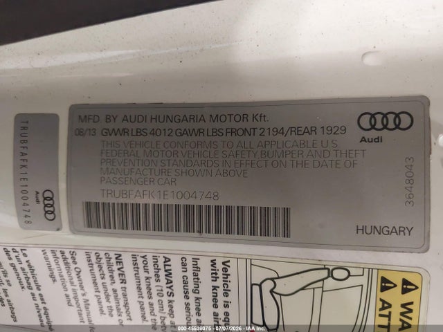 Продаж на аукціоні авто 2014 Audi Tt 2.0t, vin: TRUBFAFK1E1004748, номер лоту: 45538075