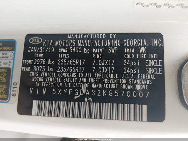 Продаж на аукціоні авто 2019 Kia Sorento 2.4l Lx, vin: 5XYPGDA32KG570007, номер лоту: 45538123