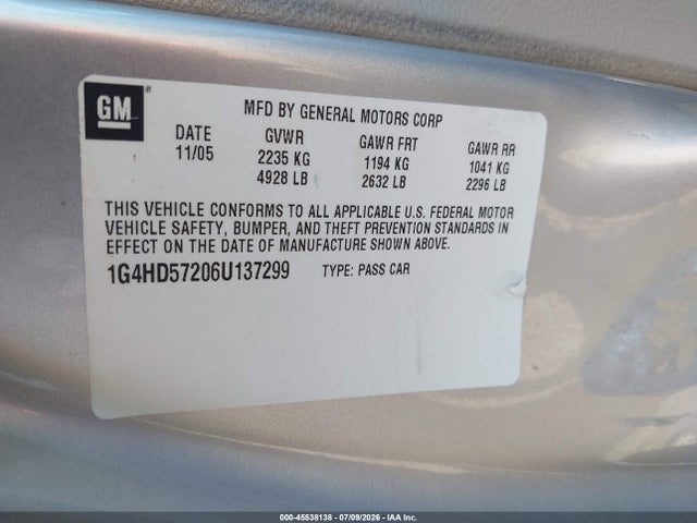 Aukcja sprzedaży 2006 Buick Lucerne Cxl, vin: 1G4HD57206U137299, numer aukcji: 45538138