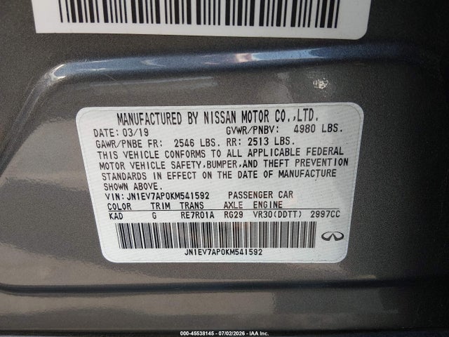 Продаж на аукціоні авто 2019 Infiniti Q50 3.0t Signature Edition, vin: JN1EV7AP0KM541592, номер лоту: 45538145