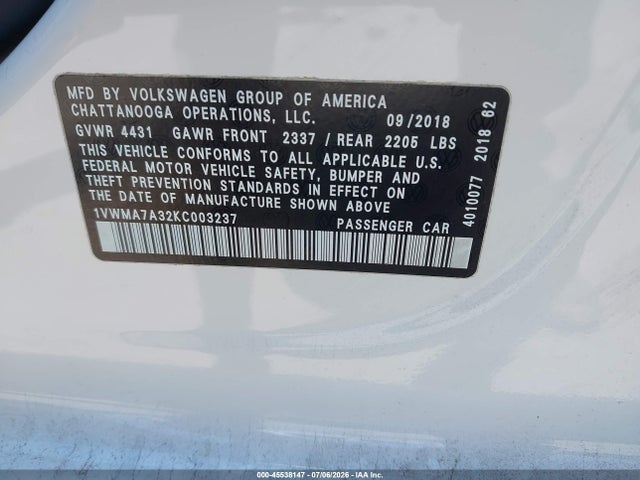Продажа на аукционе авто 2019 Volkswagen Passat 2.0t Se R-line, vin: 1VWMA7A32KC003237, номер лота: 45538147