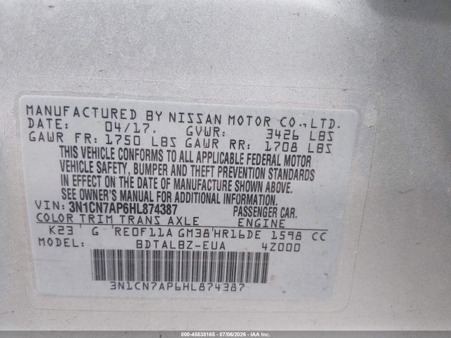 3N1CN7AP6HL874387 Nissan Versa 1.6 Sv
