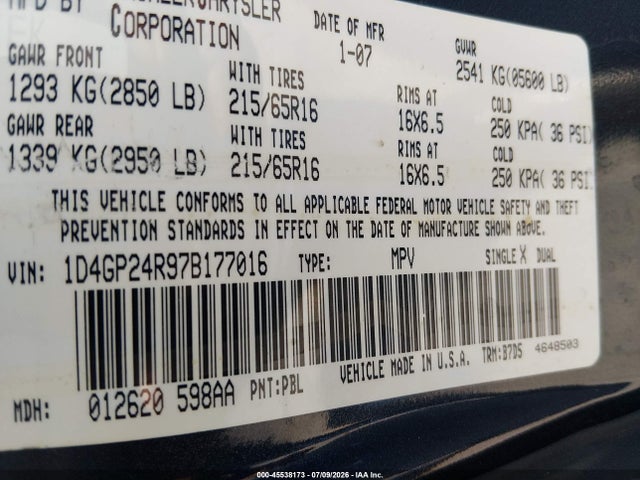 Продаж на аукціоні авто 2007 Dodge Grand Caravan Se, vin: 1D4GP24R97B177016, номер лоту: 45538173