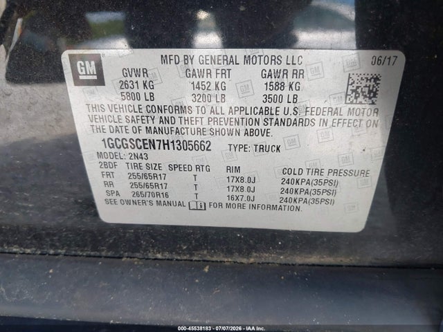 45538183 :رقم المزاد ، 1GCGSCEN7H1305662 vin ، 2017 Chevrolet Colorado 2wd Lt مزاد بيع