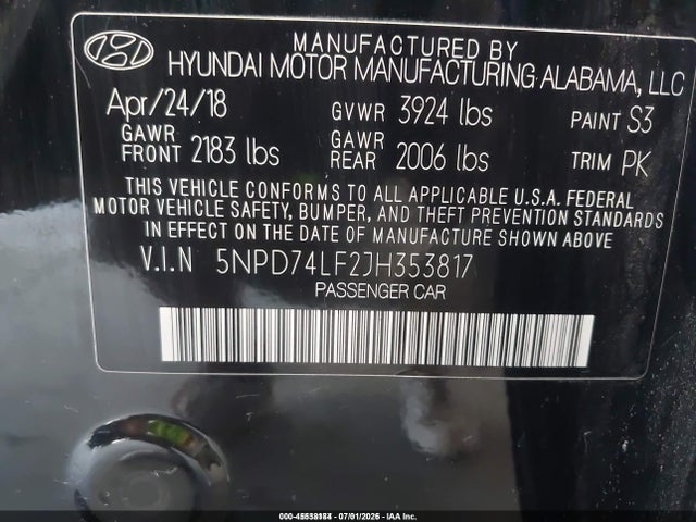 45538184 :رقم المزاد ، 5NPD74LF2JH353817 vin ، 2018 Hyundai Elantra Se مزاد بيع
