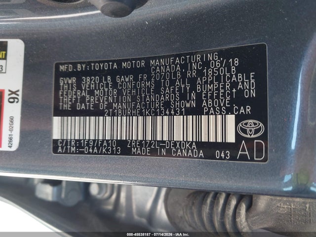 Aukcja sprzedaży 2019 Toyota Corolla L, vin: 2T1BURHE1KC134431, numer aukcji: 45538187