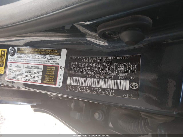 45538192 :رقم المزاد ، 4T1BF1FKXHU288261 vin ، 2017 Toyota Camry Xle مزاد بيع