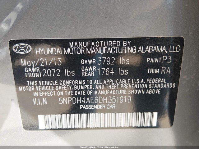 Продажа на аукционе авто 2013 Hyundai Elantra Gls, vin: 5NPDH4AE6DH351919, номер лота: 45538209