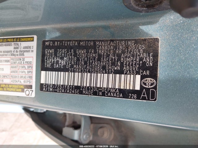 Aukcja sprzedaży 2005 Toyota Corolla Le, vin: 2T1BR32E15C504112, numer aukcji: 45538222