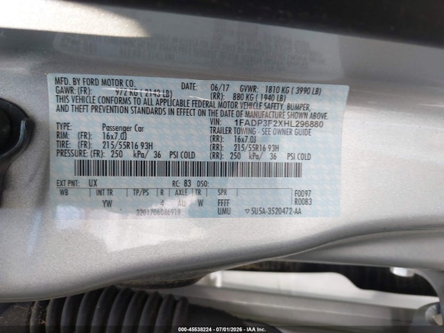 1FADP3F2XHL296880 Ford FOCUS SE