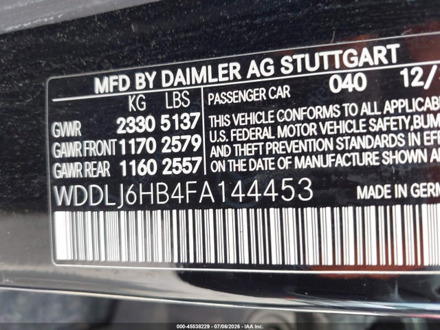 45538229 :رقم المزاد ، WDDLJ6HB4FA144453 vin ، 2015 Mercedes-benz Cls 400 4matic مزاد بيع