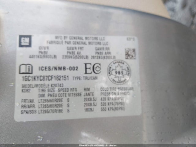 Продажа на аукционе авто 2012 Chevrolet Silverado 2500hd Ltz, vin: 1GC1KYC87CF182151, номер лота: 45538250