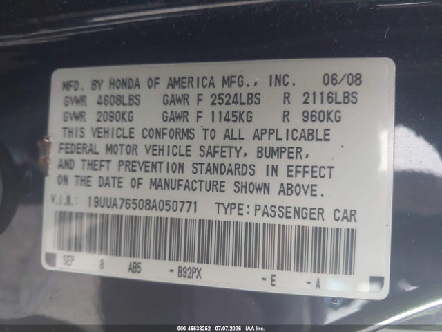 45538252 :رقم المزاد ، 19UUA76508A050771 vin ، 2008 Acura Tl Type S مزاد بيع