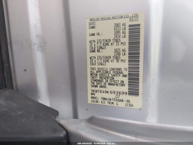 5N1BT3CA3NC693699 Nissan Rogue Sl Fwd
