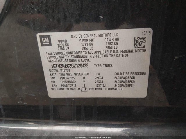 Продаж на аукціоні авто 2016 Gmc Sierra 1500 Slt, vin: 1GTV2NEC3GZ120428, номер лоту: 45538271