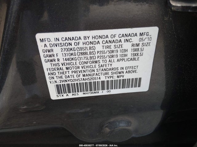 45538277 :رقم المزاد ، 2HNYD2H57AH520514 vin ، 2010 Acura Mdx Advance Package مزاد بيع