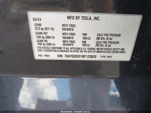 Aukcja sprzedaży 2024 Tesla Model Y Long Range Single Motor Rear-wheel Drive/rwd, vin: 7SAYGDED1RF123809, numer aukcji: 45538293