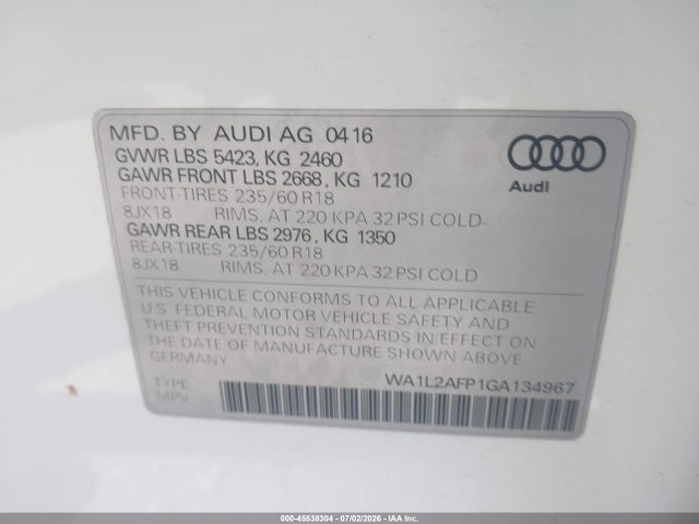 Auction sale of the 2016 Audi Q5 2.0t Premium, vin: WA1L2AFP1GA134967, lot number: 45538304