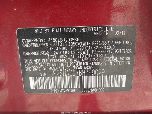 45538344 :رقم المزاد ، JF2SHADC7BH769029 vin ، 2011 Subaru Forester 2.5x Premium مزاد بيع