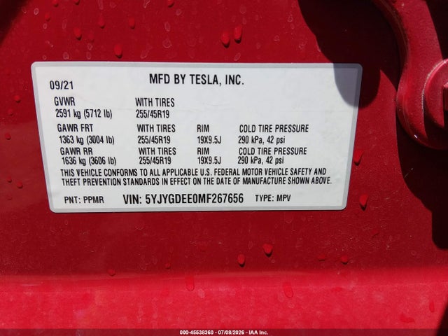 Aukcja sprzedaży 2021 Tesla Model Y Long Range Dual Motor All-wheel Drive, vin: 5YJYGDEE0MF267656, numer aukcji: 45538360
