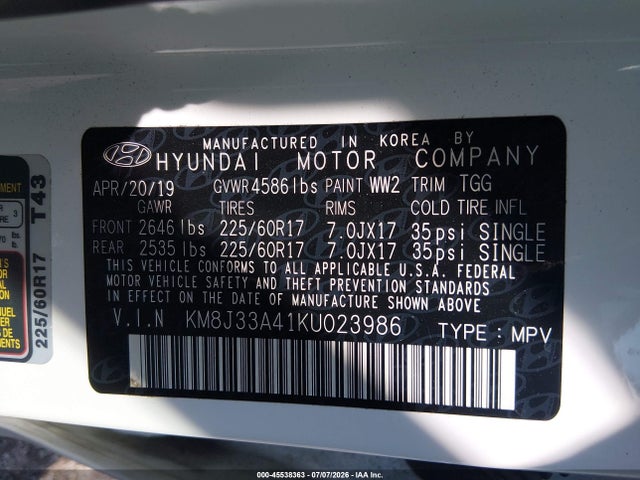 Aukcja sprzedaży 2019 Hyundai Tucson Value, vin: KM8J33A41KU023986, numer aukcji: 45538363