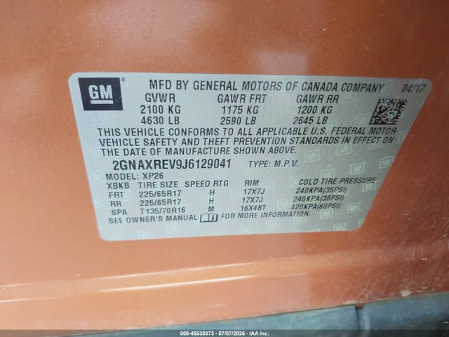 Продажа на аукционе авто 2018 Chevrolet Equinox Ls, vin: 2GNAXREV9J6129041, номер лота: 45538373