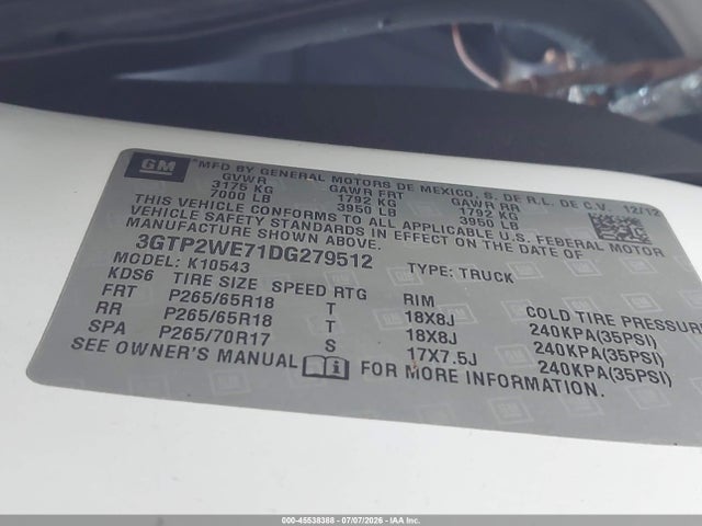 Aukcja sprzedaży 2013 Gmc Sierra 1500 Slt, vin: 3GTP2WE71DG279512, numer aukcji: 45538388