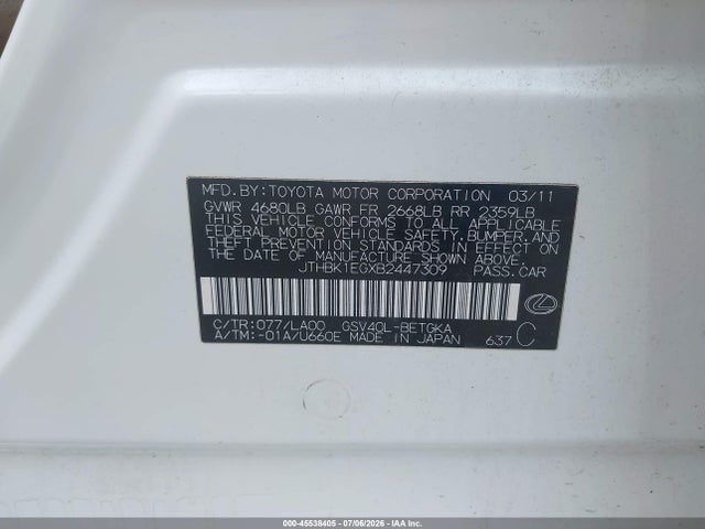 2011 Lexus Es 350 მანქანა იყიდება აუქციონზე, vin: JTHBK1EGXB2447309, აუქციონის ნომერი: 45538405