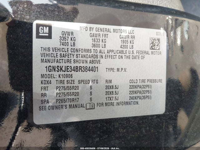 Продажа на аукционе авто 2011 Chevrolet Suburban Lt, vin: 1GNSKJE34BR384401, номер лота: 45538406