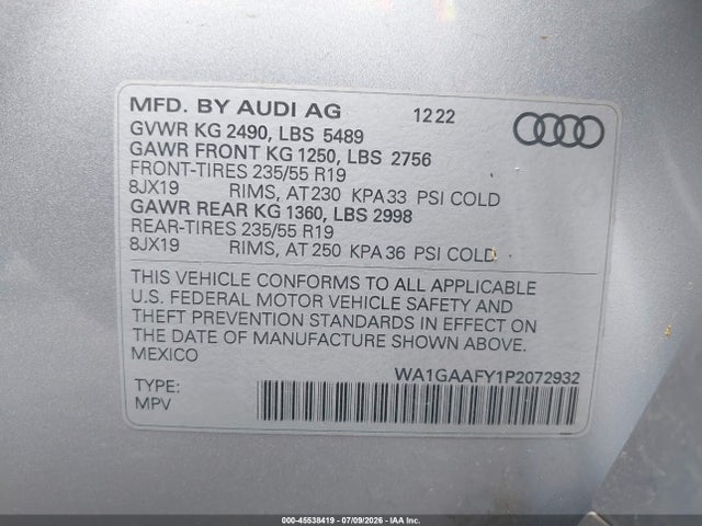 Продаж на аукціоні авто 2023 Audi Q5 Premium 45 Tfsi S Line Quattro, vin: WA1GAAFY1P2072932, номер лоту: 45538419