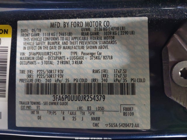3FA6P0UU0JR254379 Ford Fusion Hybrid S