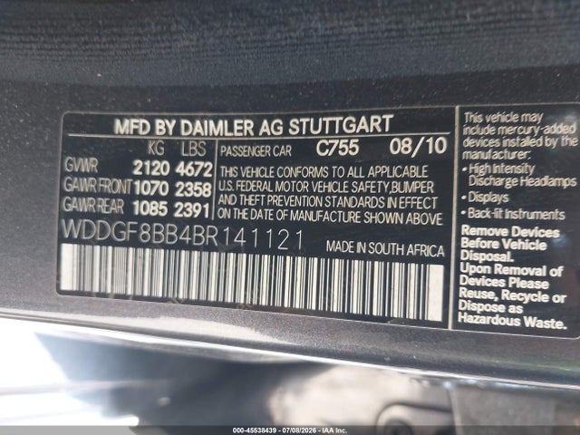 Aukcja sprzedaży 2011 Mercedes-benz C 300 Luxury 4matic/sport 4matic, vin: WDDGF8BB4BR141121, numer aukcji: 45538439