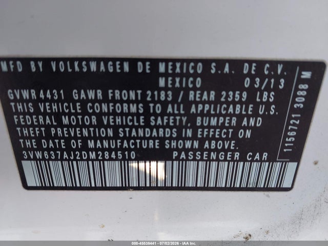 Auction sale of the 2013 Volkswagen Jetta Hybrid Sel Premium, vin: 3VW637AJ2DM284510, lot number: 45538441