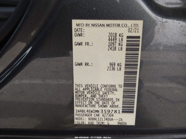 1N4BL4EW1MN359781 Nissan Altima Sl Intelligent Awd